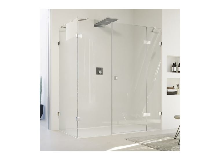 Hüppe SolvaPro bezrámová 4-úhelník křídlové dveře s pevným segmentem, protisegmentem a boční stěnou