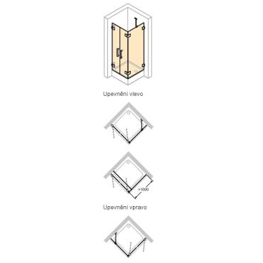 Hüppe Solva bezrámová 4-úhelník lítací dveře s boční stěnou upevnění vlevo