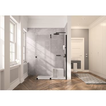 Hüppe Xtensa pure s nástěnnou lištou 4-úhelník walk-in posuvné dveře 1-dílné s pevným segmentem upevnění vpravo, stabilizační vzpěra