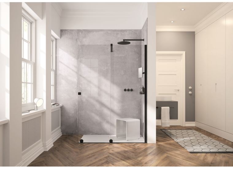 Hüppe Xtensa pure s nástěnnou lištou 4-úhelník walk-in posuvné dveře 1-dílné s pevným segmentem upevnění vpravo