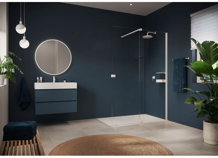 Hüppe Xtensa pure s nástěnnou lištou 4-úhelník walk-in posuvné dveře 1-dílné s pevným segmentem upevnění vpravo
