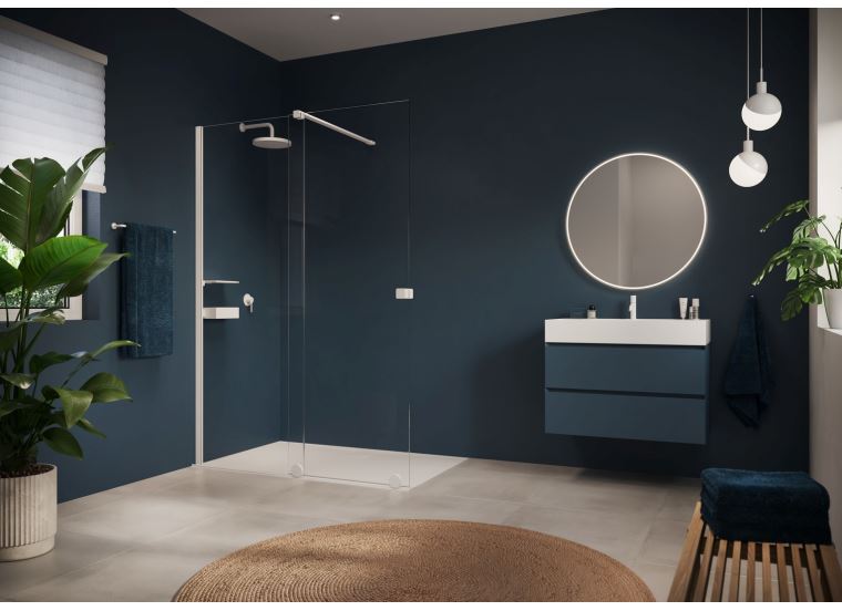 Hüppe Xtensa pure s nástěnnou lištou 4-úhelník walk-in posuvné dveře 1-dílné s pevným segmentem upevnění vlevo