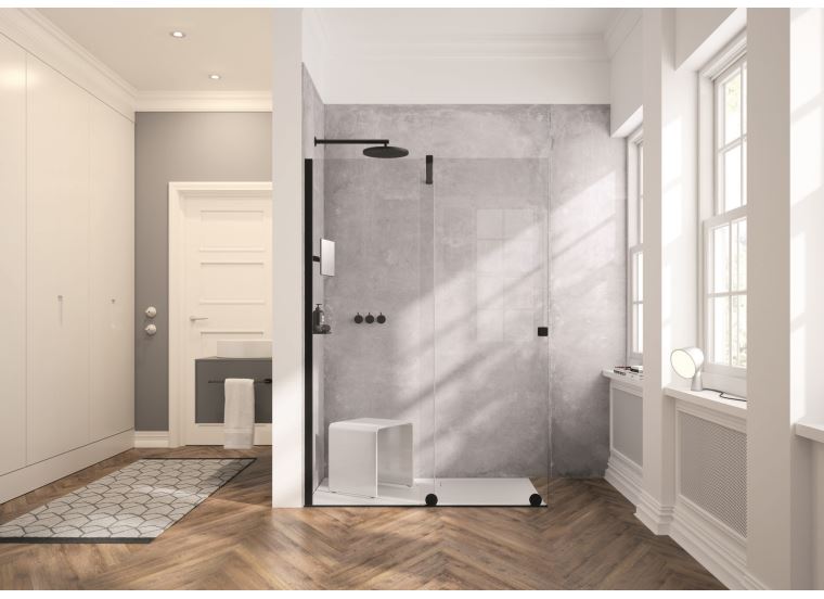 Hüppe Xtensa pure s nástěnnou lištou 4-úhelník walk-in posuvné dveře 1-dílné s pevným segmentem upevnění vlevo
